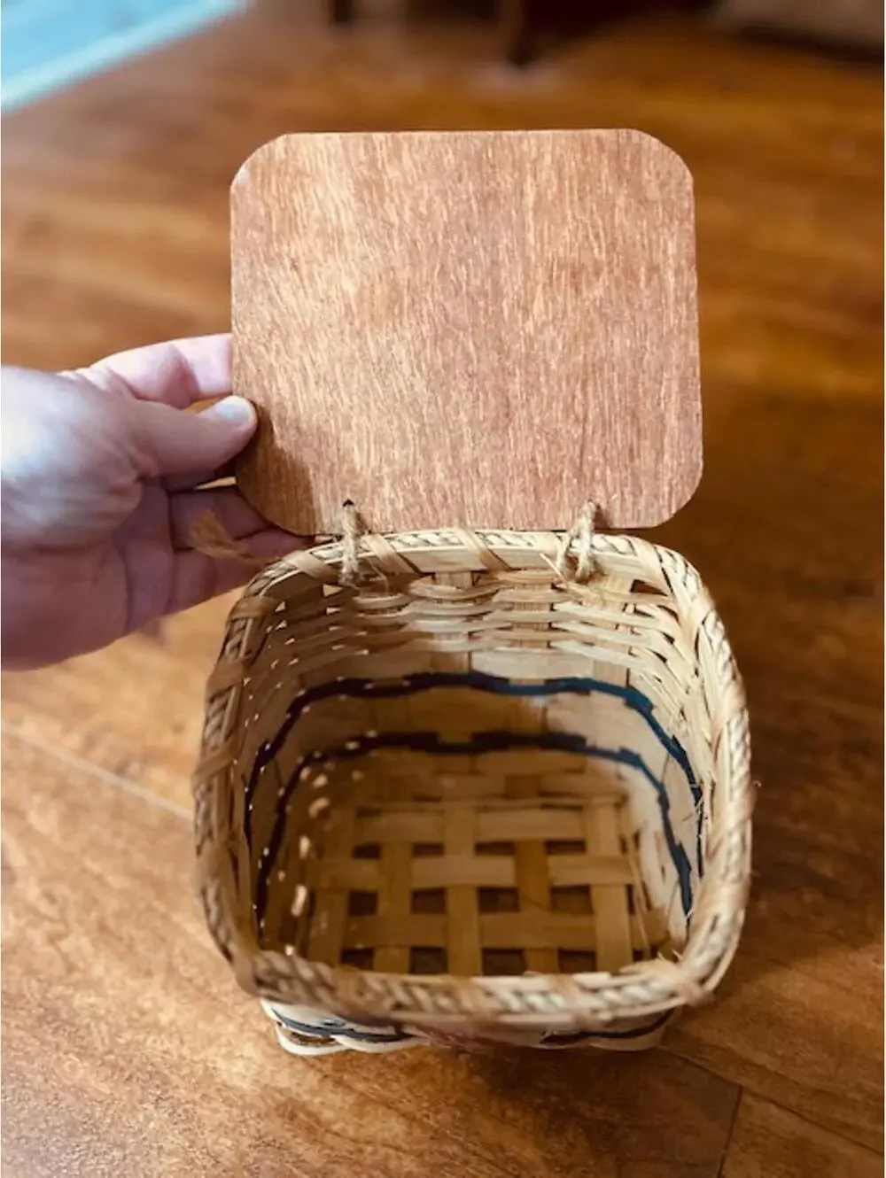 Handwoven Wooden Basket with Painted Lid and Decorative Accents